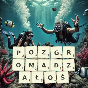 Kreatywna ilustracja do gry w Scrabble ze słowem POZGROMADZAŁOŚ ułożonym z płytek na planszy.