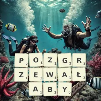 Kreatywna ilustracja do gry w Scrabble ze słowem POZGRZEWAŁABY ułożonym z płytek na planszy.