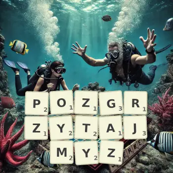 Kreatywna ilustracja do gry w Scrabble ze słowem POZGRZYTAJMYZ ułożonym z płytek na planszy.