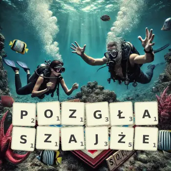 Kreatywna ilustracja do gry w Scrabble ze słowem POZGŁASZAJŻE ułożonym z płytek na planszy.