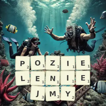 Kreatywna ilustracja do gry w Scrabble ze słowem POZIELENIEJMY ułożonym z płytek na planszy.