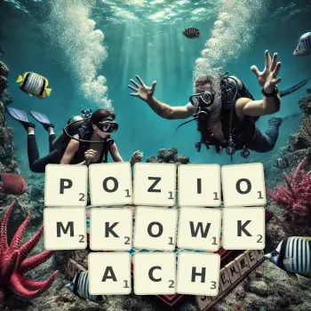Kreatywna ilustracja do gry w Scrabble ze słowem POZIOMKOWKACH ułożonym z płytek na planszy.