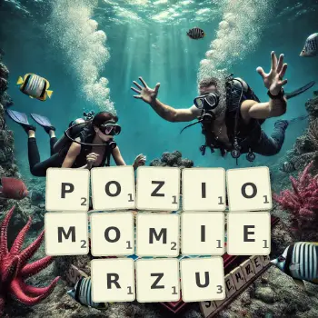 Kreatywna ilustracja do gry w Scrabble ze słowem POZIOMOMIERZU ułożonym z płytek na planszy.