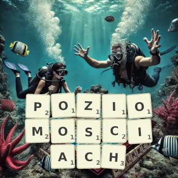 Kreatywna ilustracja do gry w Scrabble ze słowem POZIOMOSCIACH ułożonym z płytek na planszy.