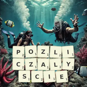 Kreatywna ilustracja do gry w Scrabble ze słowem POZLICZALYSCIE ułożonym z płytek na planszy.