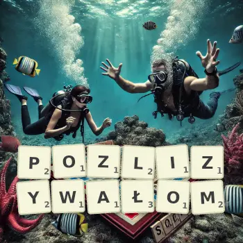 Kreatywna ilustracja do gry w Scrabble ze słowem POZLIZYWAŁOM ułożonym z płytek na planszy.