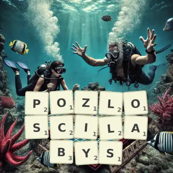Kreatywna ilustracja do gry w Scrabble ze słowem POZLOSCILABYS ułożonym z płytek na planszy.