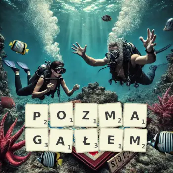 Kreatywna ilustracja do gry w Scrabble ze słowem POZMAGAŁEM ułożonym z płytek na planszy.