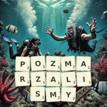 Kreatywna ilustracja do gry w Scrabble ze słowem POZMARZALISMY ułożonym z płytek na planszy.