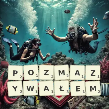Kreatywna ilustracja do gry w Scrabble ze słowem POZMAZYWAŁEM ułożonym z płytek na planszy.