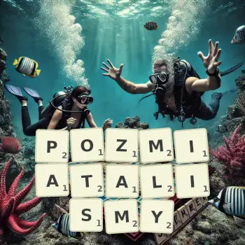 Kreatywna ilustracja do gry w Scrabble ze słowem POZMIATALISMY ułożonym z płytek na planszy.