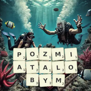 Kreatywna ilustracja do gry w Scrabble ze słowem POZMIATALOBYM ułożonym z płytek na planszy.