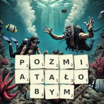 Kreatywna ilustracja do gry w Scrabble ze słowem POZMIATAŁOBYM ułożonym z płytek na planszy.