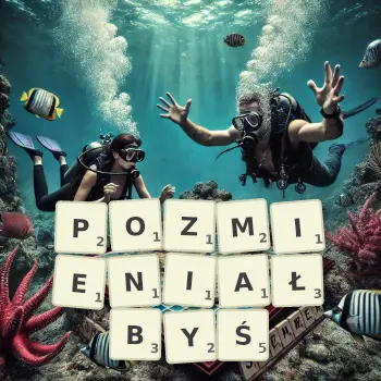 Kreatywna ilustracja do gry w Scrabble ze słowem POZMIENIAŁBYŚ ułożonym z płytek na planszy.