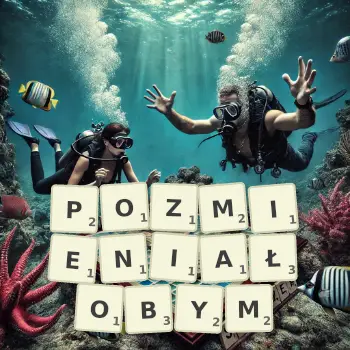 Kreatywna ilustracja do gry w Scrabble ze słowem POZMIENIAŁOBYM ułożonym z płytek na planszy.