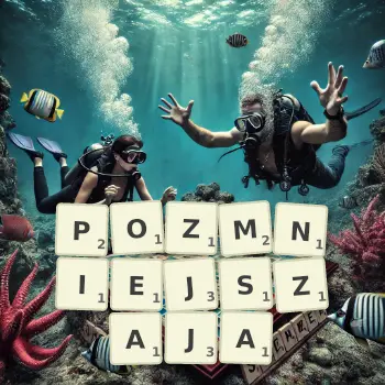 Kreatywna ilustracja do gry w Scrabble ze słowem POZMNIEJSZAJA ułożonym z płytek na planszy.