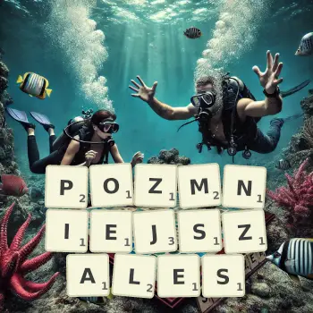Kreatywna ilustracja do gry w Scrabble ze słowem POZMNIEJSZALES ułożonym z płytek na planszy.