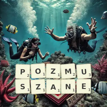 Kreatywna ilustracja do gry w Scrabble ze słowem POZMUSZANE ułożonym z płytek na planszy.