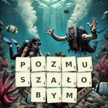 Kreatywna ilustracja do gry w Scrabble ze słowem POZMUSZAŁOBYM ułożonym z płytek na planszy.