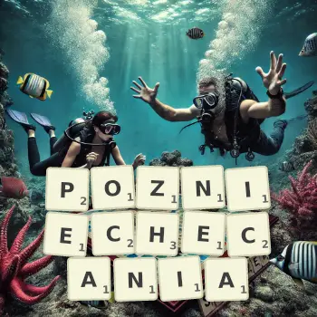 Kreatywna ilustracja do gry w Scrabble ze słowem POZNIECHECANIA ułożonym z płytek na planszy.