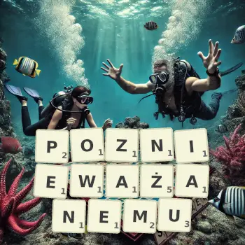 Kreatywna ilustracja do gry w Scrabble ze słowem POZNIEWAŻANEMU ułożonym z płytek na planszy.