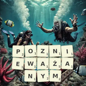 Kreatywna ilustracja do gry w Scrabble ze słowem POZNIEWAŻANYM ułożonym z płytek na planszy.