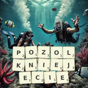 Kreatywna ilustracja do gry w Scrabble ze słowem POZOLKNIEJECIE ułożonym z płytek na planszy.