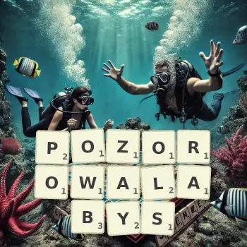 Kreatywna ilustracja do gry w Scrabble ze słowem POZOROWALABYS ułożonym z płytek na planszy.
