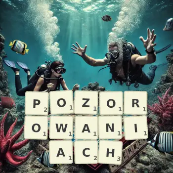 Kreatywna ilustracja do gry w Scrabble ze słowem POZOROWANIACH ułożonym z płytek na planszy.
