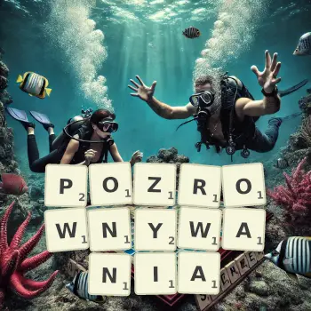 Kreatywna ilustracja do gry w Scrabble ze słowem POZROWNYWANIA ułożonym z płytek na planszy.