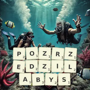 Kreatywna ilustracja do gry w Scrabble ze słowem POZRZEDZILABYS ułożonym z płytek na planszy.