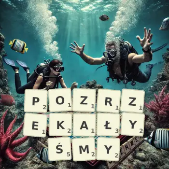 Kreatywna ilustracja do gry w Scrabble ze słowem POZRZEKAŁYŚMY ułożonym z płytek na planszy.