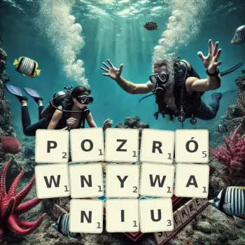 Kreatywna ilustracja do gry w Scrabble ze słowem POZRÓWNYWANIU ułożonym z płytek na planszy.