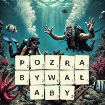 Kreatywna ilustracja do gry w Scrabble ze słowem POZRĄBYWAŁABY ułożonym z płytek na planszy.