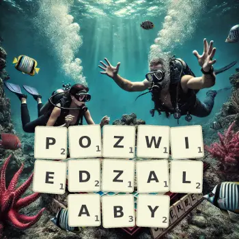 Kreatywna ilustracja do gry w Scrabble ze słowem POZWIEDZALABY ułożonym z płytek na planszy.