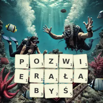 Kreatywna ilustracja do gry w Scrabble ze słowem POZWIERAŁABYŚ ułożonym z płytek na planszy.