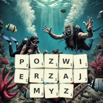 Kreatywna ilustracja do gry w Scrabble ze słowem POZWIERZAJMYZ ułożonym z płytek na planszy.