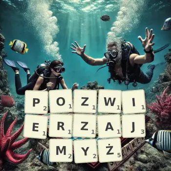 Kreatywna ilustracja do gry w Scrabble ze słowem POZWIERZAJMYŻ ułożonym z płytek na planszy.