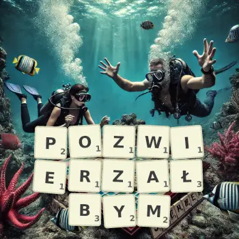 Kreatywna ilustracja do gry w Scrabble ze słowem POZWIERZAŁBYM ułożonym z płytek na planszy.
