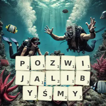 Kreatywna ilustracja do gry w Scrabble ze słowem POZWIJALIBYŚMY ułożonym z płytek na planszy.