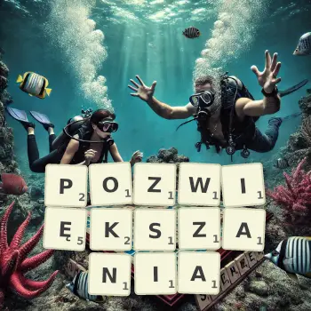 Kreatywna ilustracja do gry w Scrabble ze słowem POZWIĘKSZANIA ułożonym z płytek na planszy.