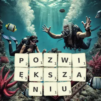 Kreatywna ilustracja do gry w Scrabble ze słowem POZWIĘKSZANIU ułożonym z płytek na planszy.