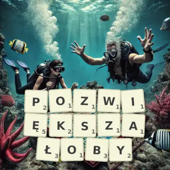 Kreatywna ilustracja do gry w Scrabble ze słowem POZWIĘKSZAŁOBY ułożonym z płytek na planszy.