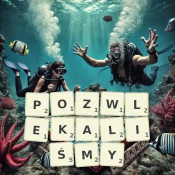 Kreatywna ilustracja do gry w Scrabble ze słowem POZWLEKALIŚMY ułożonym z płytek na planszy.