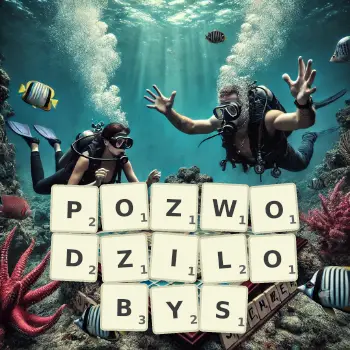 Kreatywna ilustracja do gry w Scrabble ze słowem POZWODZILOBYS ułożonym z płytek na planszy.