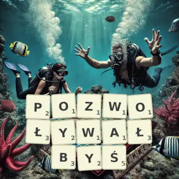 Kreatywna ilustracja do gry w Scrabble ze słowem POZWOŁYWAŁBYŚ ułożonym z płytek na planszy.