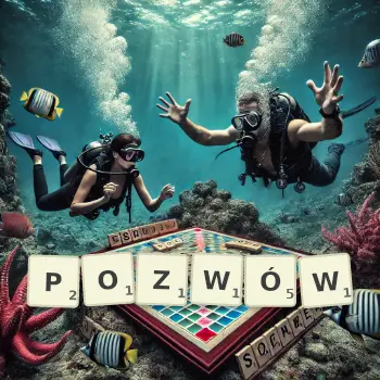 Kreatywna ilustracja do gry w Scrabble ze słowem POZWÓW ułożonym z płytek na planszy.