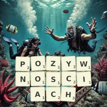 Kreatywna ilustracja do gry w Scrabble ze słowem POZYWNOSCIACH ułożonym z płytek na planszy.