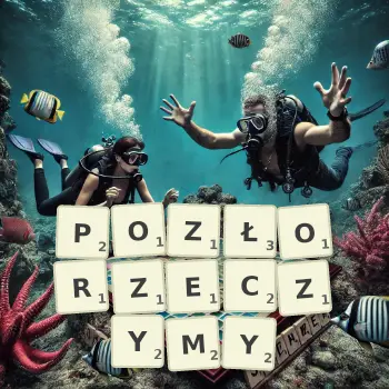 Kreatywna ilustracja do gry w Scrabble ze słowem POZŁORZECZYMY ułożonym z płytek na planszy.