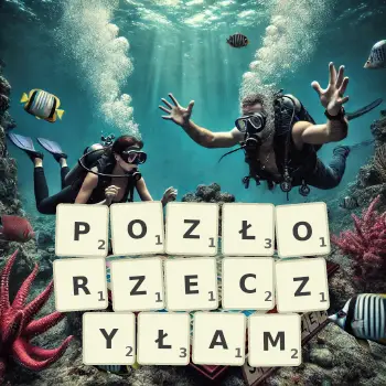 Kreatywna ilustracja do gry w Scrabble ze słowem POZŁORZECZYŁAM ułożonym z płytek na planszy.
